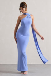 Pale Blue One Shoulder Backless Maxi Dress With Scarf
